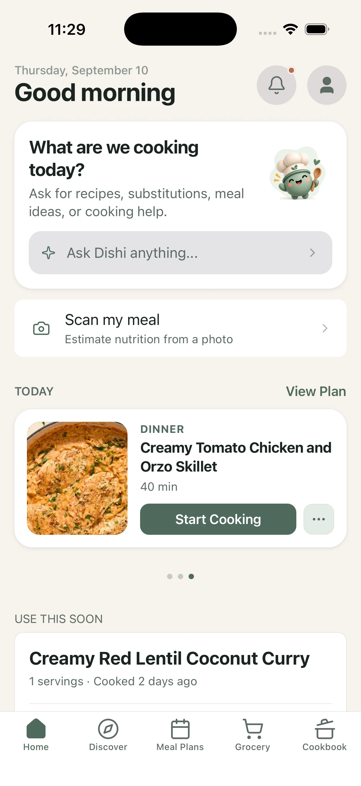 DishDelightful Home screen with Dishi, today’s meal, and cooking shortcuts.