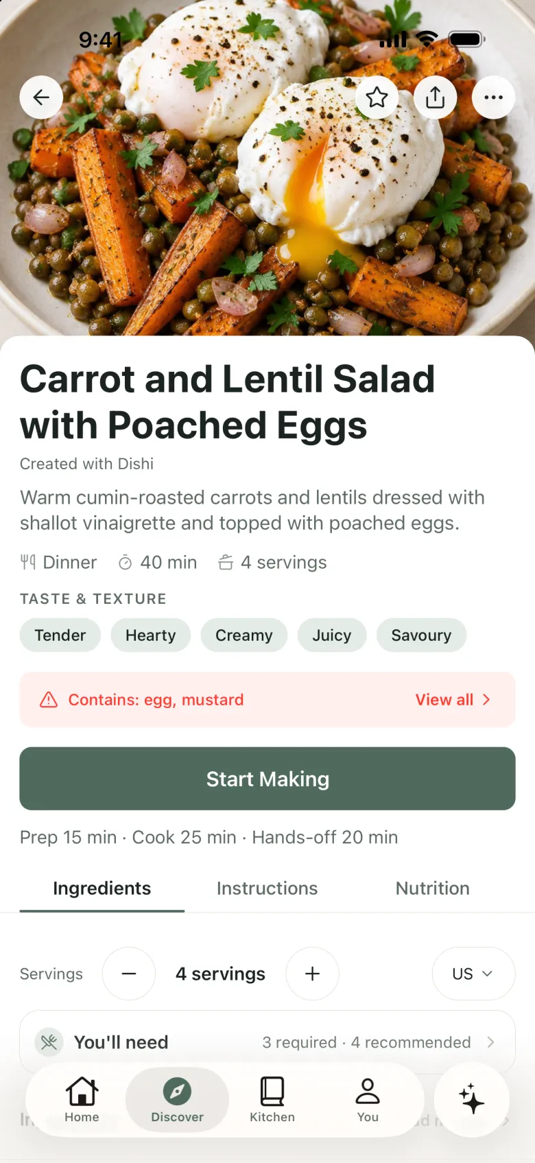 Recipe page for Carrot and Lentil Salad with Poached Eggs, with a large food photo, taste notes, allergens, and a Start Making button.